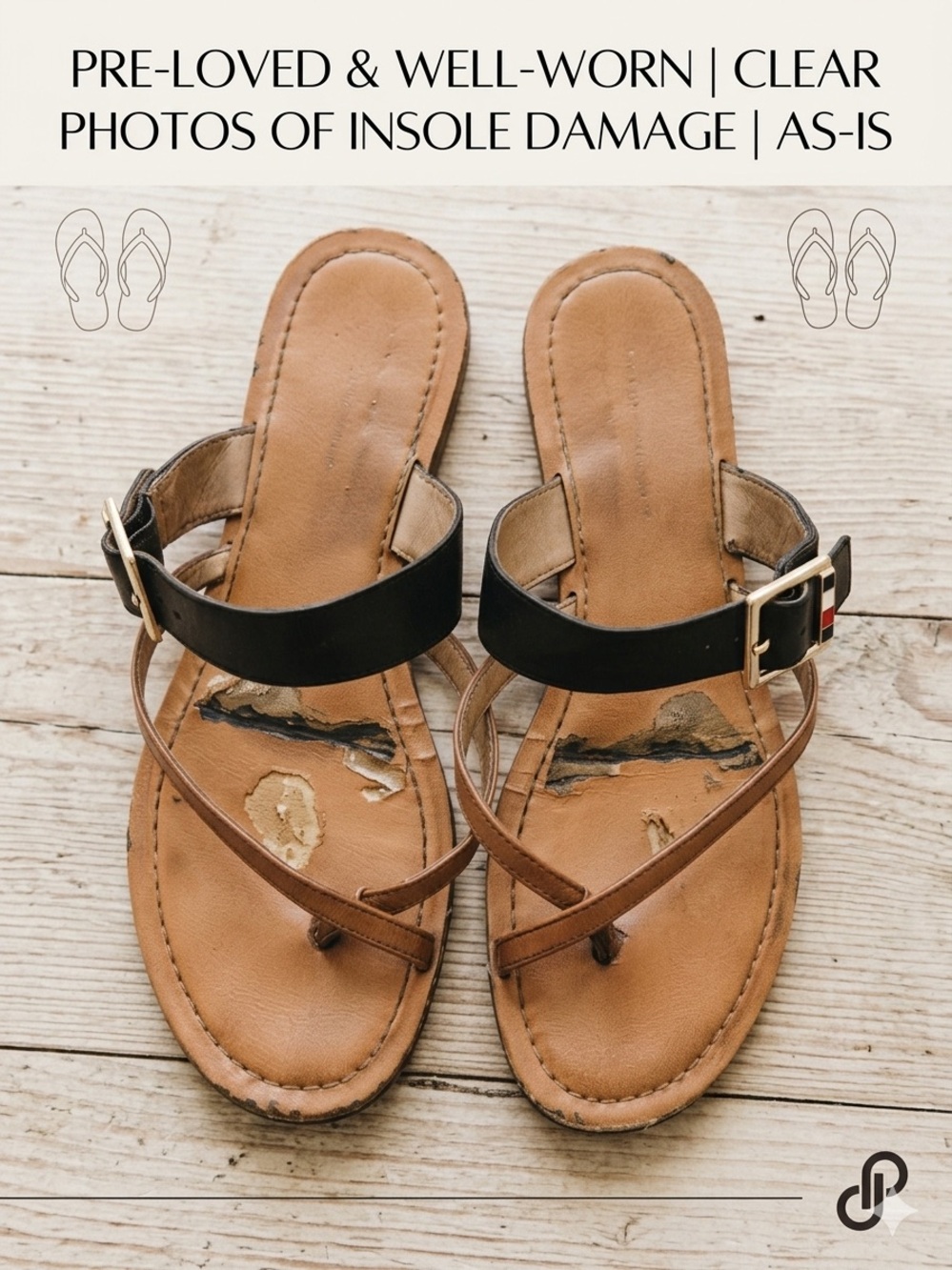 Tommy Hilfiger Black and Tan Toe-Loop Buckle Sandal 8.5 lahyla thong - Picture 2 of 5